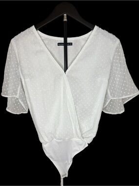 Abercrombie & Fitch White Swiss Dot Wrap-Style Bodysuit with Flutter Sleeves